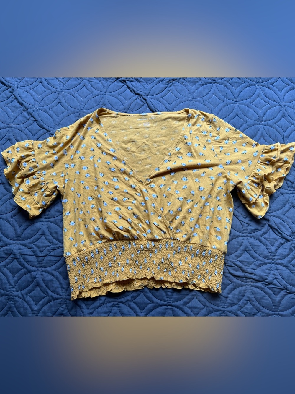 100% Cotton Mustard Yellow Floral Smocked V-Neck Crop Top size XL